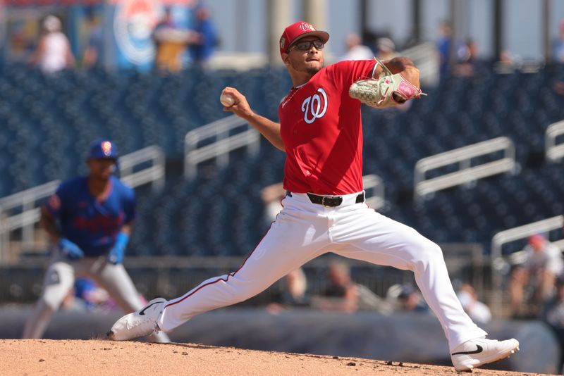 Mar 5, 2026; West Palm Beach, Florida, USA; Washington Nationals pitcher Luis Perales (43) delivers a pitch against the New York Mets during the fourth inning at CACTI Park of the Palm Beaches. Mandatory Credit: Sam Navarro-Imagn Images