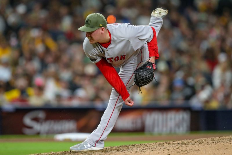 May 19, 2023; San Diego, California, USA; Boston Red Sox relief pitcher Josh Winckowski (25) throws a pitch in the seventh inning against the San Diego Padres at Petco Park. Mandatory Credit: David Frerker-USA TODAY Sports