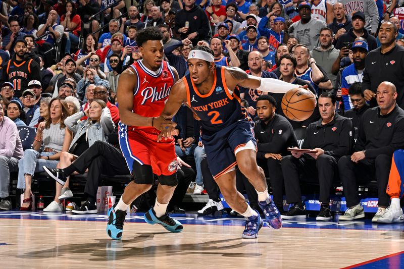 PHILADELPHIA, PA - APRIL 28: Miles McBride #2 of the New York Knicks dribbles the ball during the game against the Philadelphia 76ers during Round 1 Game 4 of the 2024 NBA Playoffs on April 28, 2024 at the Wells Fargo Center in Philadelphia, Pennsylvania NOTE TO USER: User expressly acknowledges and agrees that, by downloading and/or using this Photograph, user is consenting to the terms and conditions of the Getty Images License Agreement. Mandatory Copyright Notice: Copyright 2024 NBAE (Photo by David Dow/NBAE via Getty Images)