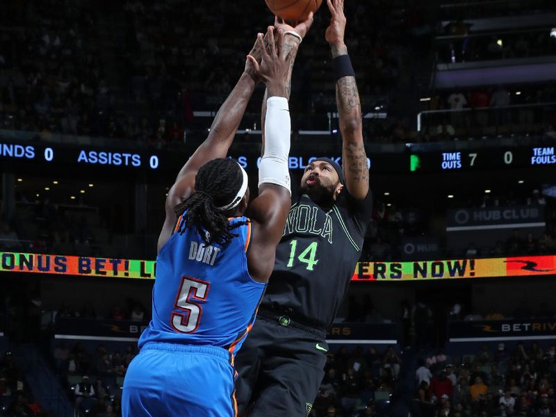 NEW ORLEANS, LA - JANUARY 26: Brandon Ingram #14 of the New Orleans Pelicans shoots the ball during the game against the Oklahoma City Thunder on January 26, 2024 at the Smoothie King Center in New Orleans, Louisiana. NOTE TO USER: User expressly acknowledges and agrees that, by downloading and or using this Photograph, user is consenting to the terms and conditions of the Getty Images License Agreement. Mandatory Copyright Notice: Copyright 2024 NBAE (Photo by Layne Murdoch Jr./NBAE via Getty Images)