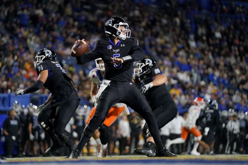 Nov 16, 2024; San Jose, California, USA; San Jose State Spartans quarterback Walker Eget (5) throws a pass against the Boise State Broncos in the third quarter at CEFCU Stadium. Mandatory Credit: Cary Edmondson-Imagn Images