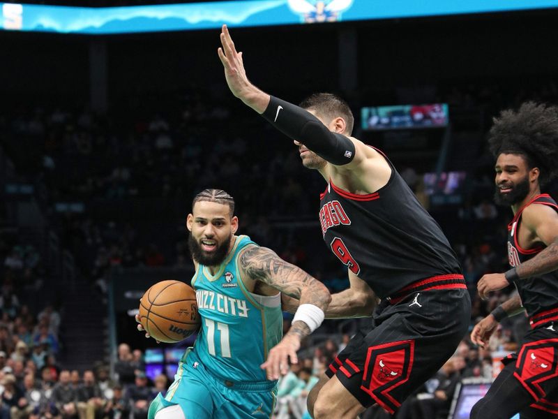 CHARLOTTE, NC - JANUARY 31: Cody Martin #11 of the Charlotte Hornets drives to the basket during the game against the Chicago Bulls on January 31, 2024 at Spectrum Center in Charlotte, North Carolina. NOTE TO USER: User expressly acknowledges and agrees that, by downloading and or using this photograph, User is consenting to the terms and conditions of the Getty Images License Agreement.  Mandatory Copyright Notice:  Copyright 2024 NBAE (Photo by Brock Williams-Smith/NBAE via Getty Images)