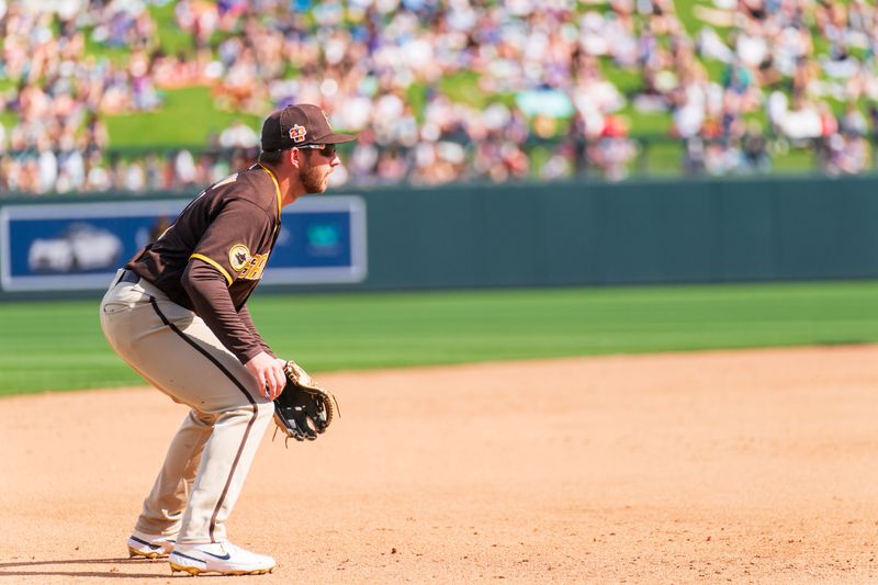 Mar 16, 2023; Salt River Pima-Maricopa, Arizona, USA;  San Diego Padres infielder Matthew Batten (17) readies himself on third base in the fifth inning during a spring training game against the Colorado Rockies at Salt River Fields at Talking Stick. Mandatory Credit: Allan Henry-USA TODAY Sports 