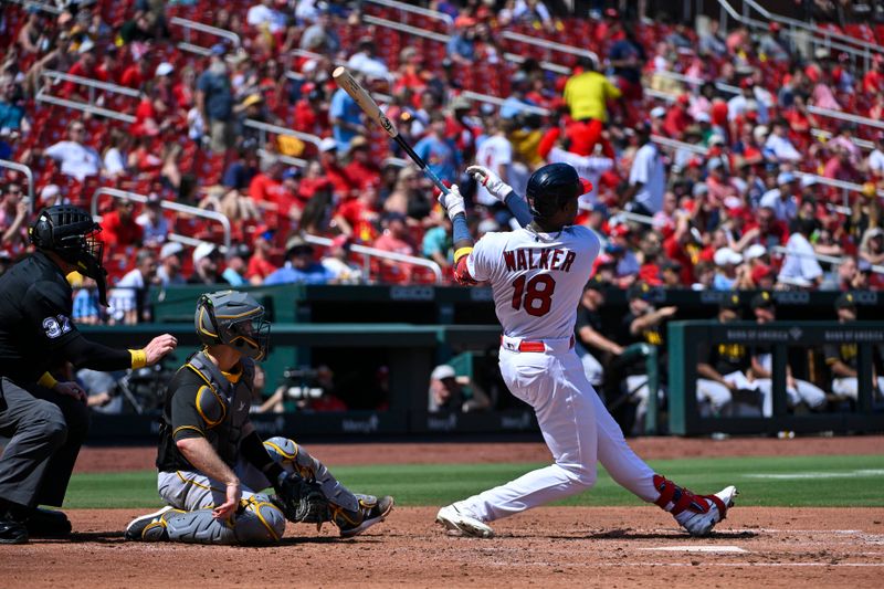 Sep 3, 2023; St. Louis, Missouri, USA;  St. Louis Cardinals right fielder Jordan Walker (18) hits a solo home run against the Pittsburgh Pirates during the third inning at Busch Stadium. Mandatory Credit: Jeff Curry-USA TODAY Sports