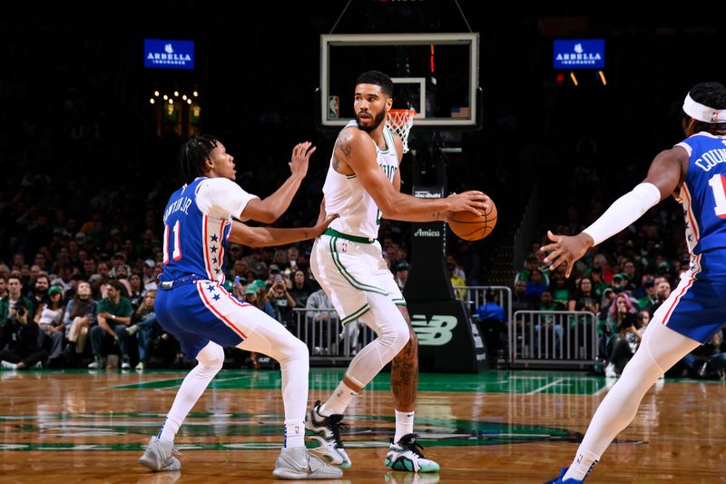 BOSTON, MA - OCTOBER 12: Jayson Tatum #0 of the Boston Celtics handles the ball during the game against the Philadelphia 76ers during a NBA Preseason game on October 12, 2024 at TD Garden in Boston, Massachusetts. NOTE TO USER: User expressly acknowledges and agrees that, by downloading and/or using this Photograph, user is consenting to the terms and conditions of the Getty Images License Agreement. Mandatory Copyright Notice: Copyright 2024 NBAE (Photo by Brian Babineau/NBAE via Getty Images)