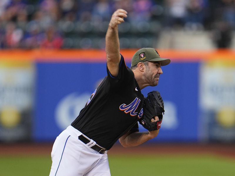 May 21, 2023; New York City, New York, USA; New York Mets pitcher Justin Verlander (35) delivers a pitch against the Cleveland Guardians during the first inning at Citi Field. Mandatory Credit: Gregory Fisher-USA TODAY Sports