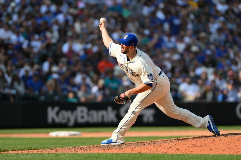 Sep 17, 2023; Seattle, Washington, USA; Seattle Mariners relief pitcher Dominic Leone (54) pitches to the Los Angeles Dodgers during the eighth inning at T-Mobile Park. Mandatory Credit: Steven Bisig-USA TODAY Sports