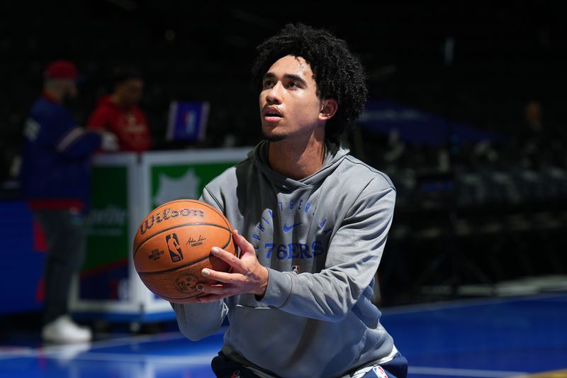 PHILADELPHIA, PA - NOVEMBER 22: Jared McCain #20 of the Philadelphia 76ers warms up before the game against the Brooklyn Nets during the Emirates NBA Cup game on November 22, 2024 at the Wells Fargo Center in Philadelphia, Pennsylvania NOTE TO USER: User expressly acknowledges and agrees that, by downloading and/or using this Photograph, user is consenting to the terms and conditions of the Getty Images License Agreement. Mandatory Copyright Notice: Copyright 2024 NBAE (Photo by Jesse D. Garrabrant/NBAE via Getty Images)