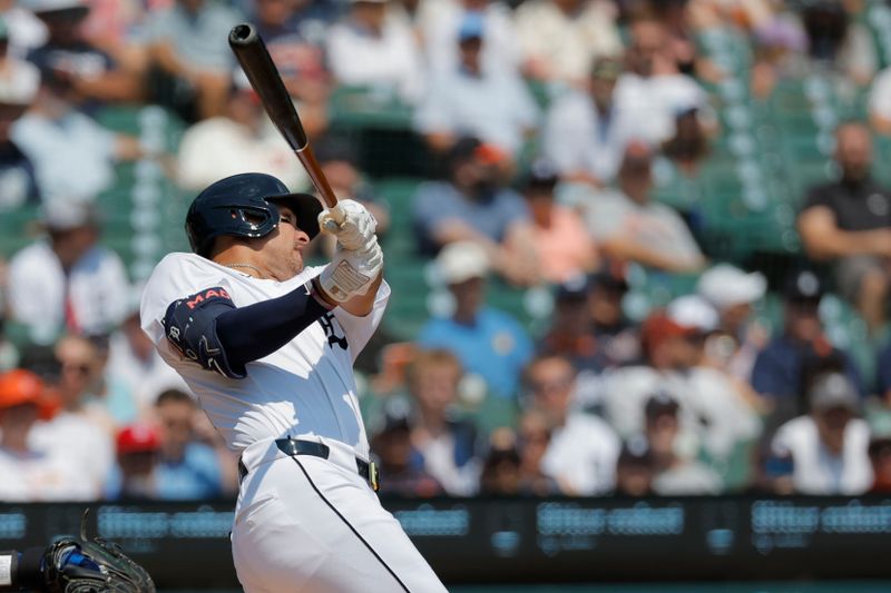 Aug 4, 2024; Detroit, Michigan, USA;  Detroit Tigers outfielder Bligh Madris (40) hits a single in the fourth inning against the Kansas City Royals at Comerica Park. Mandatory Credit: Rick Osentoski-USA TODAY Sports