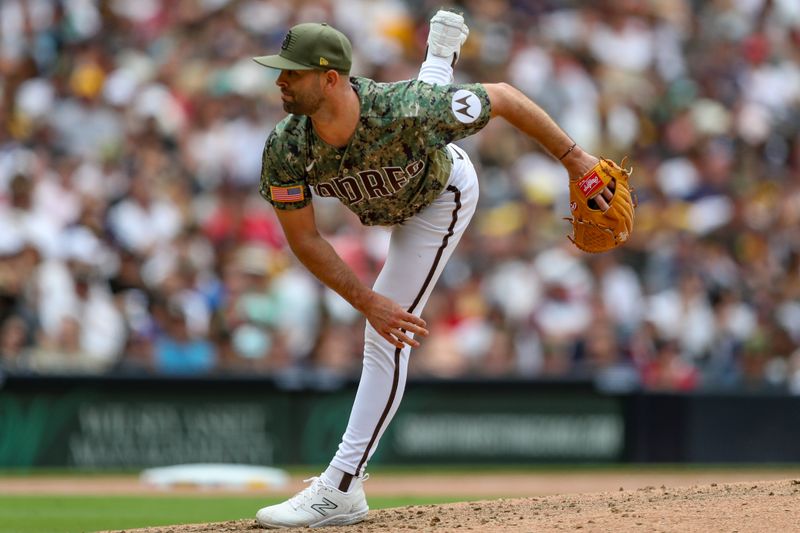 May 21, 2023; San Diego, California, USA; San Diego Padres starting pitcher Nick Martinez (21) throws a pitch in the eighth inning against the Boston Red Sox at Petco Park. Mandatory Credit: David Frerker-USA TODAY Sports