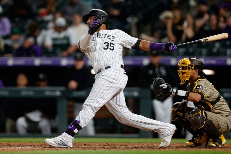 Apr 24, 2024; Denver, Colorado, USA; Colorado Rockies catcher Elias Diaz (35) hits a solo home run in the eighth inning against the San Diego Padres at Coors Field. Mandatory Credit: Isaiah J. Downing-USA TODAY Sports