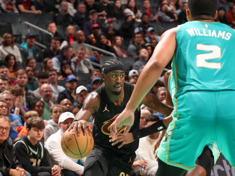 CHARLOTTE, NC - MARCH 27: Caris LeVert #3 of the Cleveland Cavaliers goes to the basket during the game on March 27, 2024 at Spectrum Center in Charlotte, North Carolina. NOTE TO USER: User expressly acknowledges and agrees that, by downloading and or using this photograph, User is consenting to the terms and conditions of the Getty Images License Agreement. Mandatory Copyright Notice: Copyright 2024 NBAE (Photo by Kent Smith/NBAE via Getty Images)