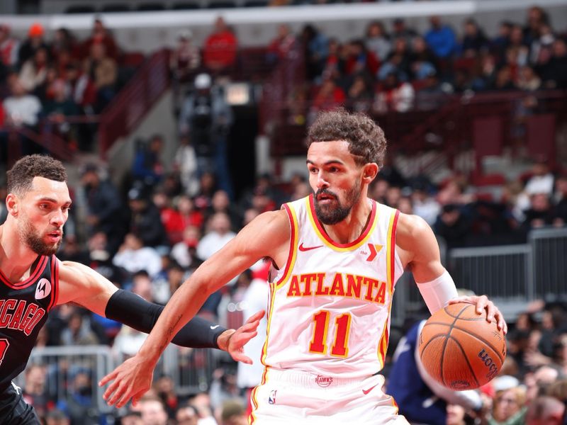 CHICAGO, IL - NOVEMBER 22: Trae Young #11 of the Atlanta Hawks handles the ball during the game against the Chicago Bulls during the Emirates NBA Cup game on November 22, 2024 at United Center in Chicago, Illinois. NOTE TO USER: User expressly acknowledges and agrees that, by downloading and or using this photograph, User is consenting to the terms and conditions of the Getty Images License Agreement. Mandatory Copyright Notice: Copyright 2024 NBAE (Photo by Jeff Haynes/NBAE via Getty Images)