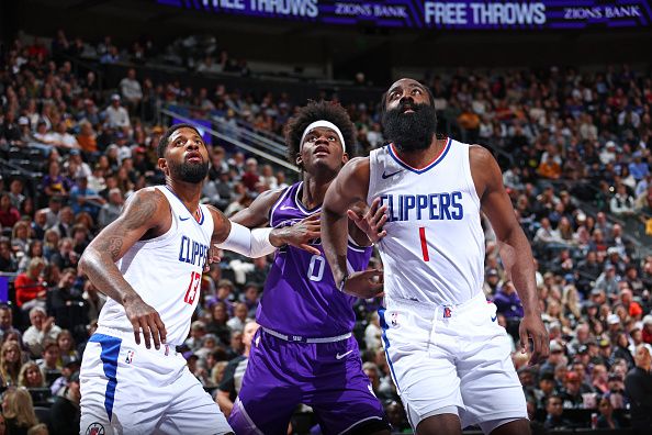 SALT LAKE CITY, UT - DECEMBER 8: Paul George #13, Taylor Hendricks #0, and James Harden #1 of the LA Clippers waits for a rebound during the game on December 8, 2023 at vivint.SmartHome Arena in Salt Lake City, Utah. NOTE TO USER: User expressly acknowledges and agrees that, by downloading and or using this Photograph, User is consenting to the terms and conditions of the Getty Images License Agreement. Mandatory Copyright Notice: Copyright 2023 NBAE (Photo by Melissa Majchrzak/NBAE via Getty Images)