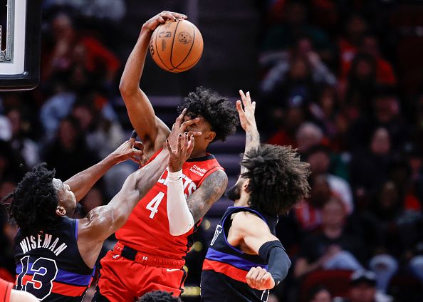 HOUSTON, TEXAS - JANUARY 01: Jalen Green #4 of the Houston Rockets is fouled by James Wiseman #13 of the Detroit Pistons during the second half at Toyota Center on January 01, 2024 in Houston, Texas. NOTE TO USER: User expressly acknowledges and agrees that, by downloading and or using this photograph, User is consenting to the terms and conditions of the Getty Images License Agreement.?<p><br/></p> (Photo by Carmen Mandato/Getty Images)