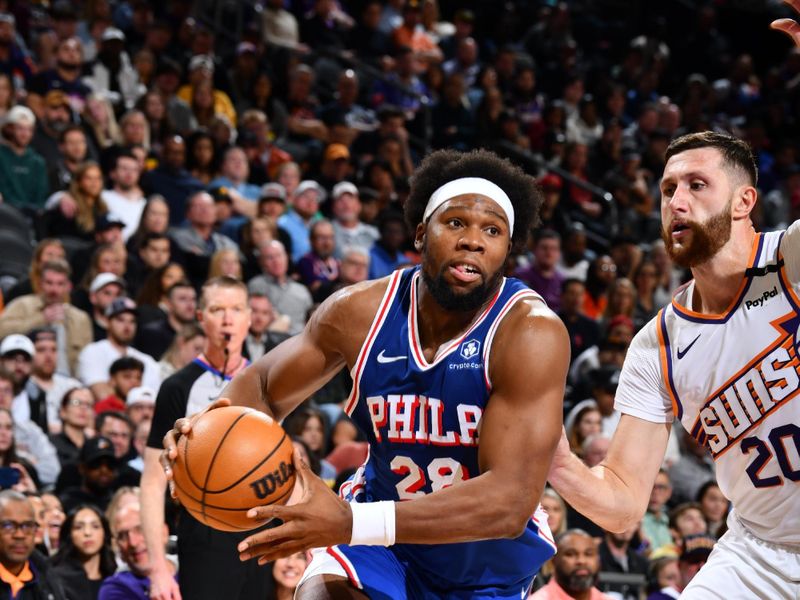 PHOENIX, AZ - NOVEMBER 4: Guerschon Yabusele #28 of the Philadelphia 76ers drives to the basket during the game against the Phoenix Suns on November 4, 2024 at Footprint Center in Phoenix, Arizona. NOTE TO USER: User expressly acknowledges and agrees that, by downloading and or using this photograph, user is consenting to the terms and conditions of the Getty Images License Agreement. Mandatory Copyright Notice: Copyright 2024 NBAE (Photo by Barry Gossage/NBAE via Getty Images)