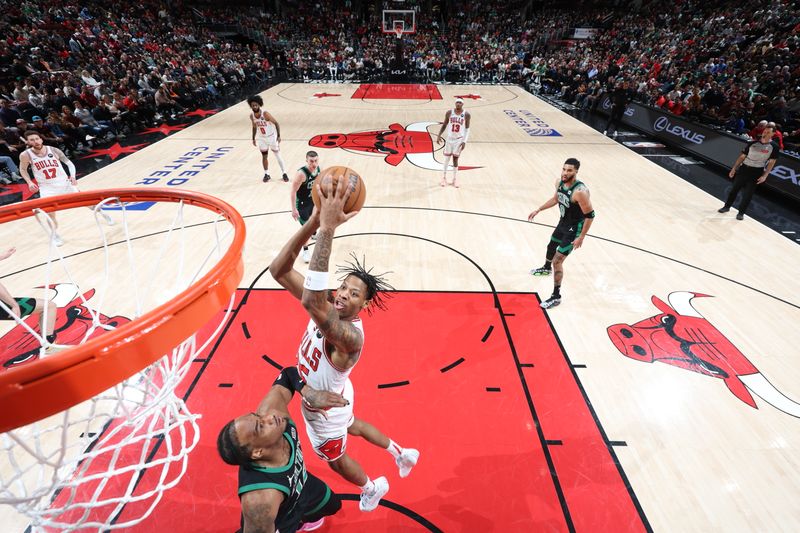 CHICAGO, IL - MARCH 23: Dalen Terry #25 of the Chicago Bulls drives to the basket during the game against the Boston Celtics on March 23, 2024 at United Center in Chicago, Illinois. NOTE TO USER: User expressly acknowledges and agrees that, by downloading and or using this photograph, User is consenting to the terms and conditions of the Getty Images License Agreement. Mandatory Copyright Notice: Copyright 2024 NBAE (Photo by Jeff Haynes/NBAE via Getty Images)