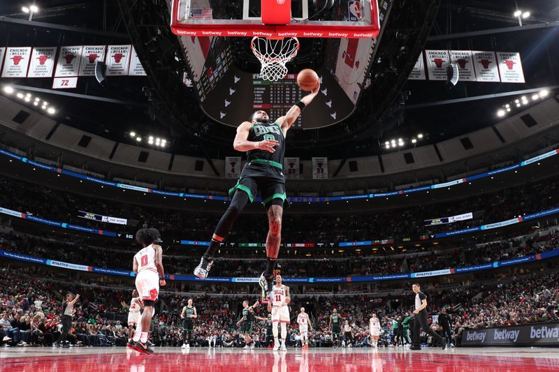 CHICAGO, IL - MARCH 23: Jayson Tatum #0 of the Boston Celtics drives to the basket during the game against the Chicago Bulls on March 23, 2024 at United Center in Chicago, Illinois. NOTE TO USER: User expressly acknowledges and agrees that, by downloading and or using this photograph, User is consenting to the terms and conditions of the Getty Images License Agreement. Mandatory Copyright Notice: Copyright 2024 NBAE (Photo by Jeff Haynes/NBAE via Getty Images)