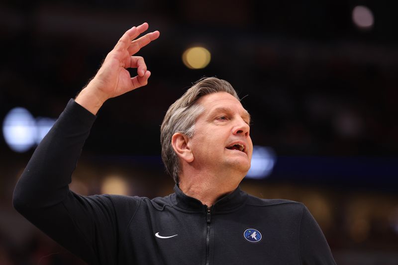 CHICAGO, ILLINOIS - FEBRUARY 06: Head coach Chris Finch of the Minnesota Timberwolves reacts against the Chicago Bulls during the first half at the United Center on February 06, 2024 in Chicago, Illinois. NOTE TO USER: User expressly acknowledges and agrees that, by downloading and or using this photograph, User is consenting to the terms and conditions of the Getty Images License Agreement.  (Photo by Michael Reaves/Getty Images)