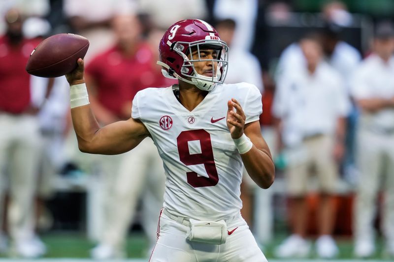 Sep 4, 2021; Atlanta, Georgia, USA; Alabama Crimson Tide quarterback Bryce Young (9) passes against the Miami Hurricanes during the first high at Mercedes-Benz Stadium. Mandatory Credit: Dale Zanine-USA TODAY Sports