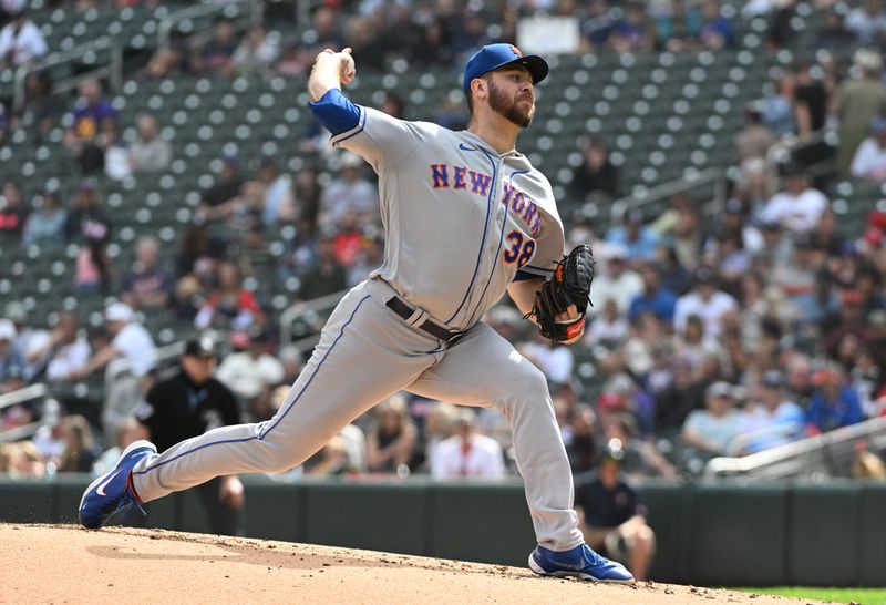 Sep 10, 2023; Minneapolis, Minnesota, USA; New York Mets starting pitcher Tylor Megill (38) delivers a pitch against the Minnesota Twins in the first inning at Target Field. Mandatory Credit: Michael McLoone-USA TODAY Sports