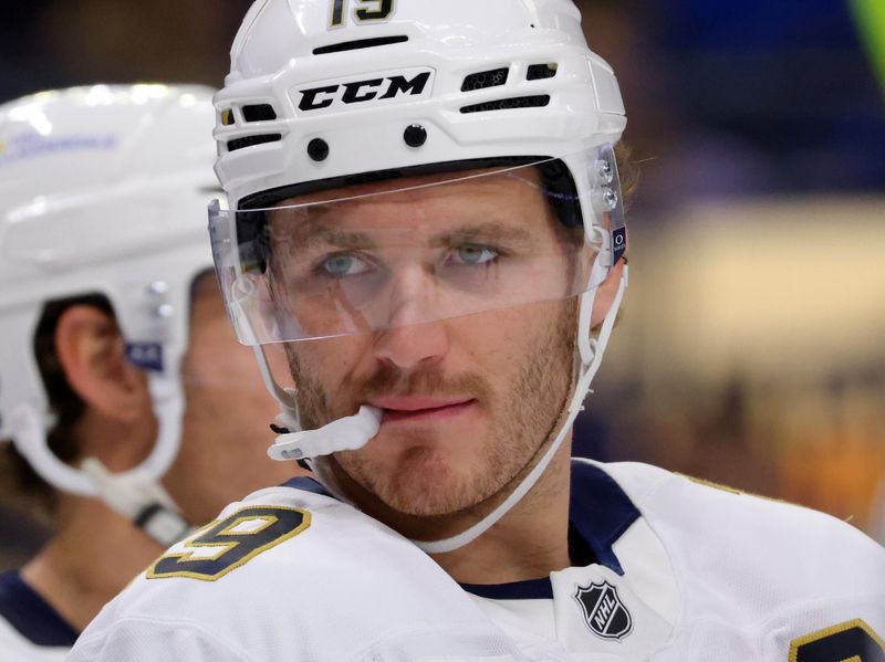 Oct 28, 2024; Buffalo, New York, USA;  Florida Panthers left wing Matthew Tkachuk (19) waits for the faqceoff during the second period against the Buffalo Sabres at KeyBank Center. Mandatory Credit: Timothy T. Ludwig-Imagn Images