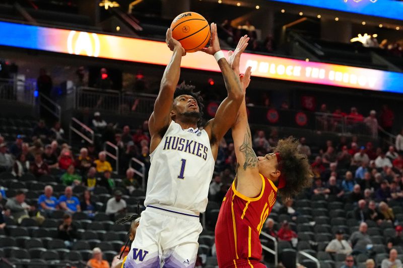 Mar 13, 2024; Las Vegas, NV, USA; Washington Huskies forward Keion Brooks Jr. (1) shoots against USC Trojans forward DJ Rodman (10) during the first half at T-Mobile Arena. Mandatory Credit: Stephen R. Sylvanie-USA TODAY Sports