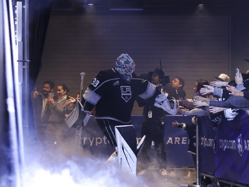 Dec 23, 2023; Los Angeles, California, USA; Los Angeles Kings goaltender Cam Talbot (39) walks towards the ice before a game against the Calgary Flames at Crypto.com Arena. Mandatory Credit: Jessica Alcheh-USA TODAY Sports