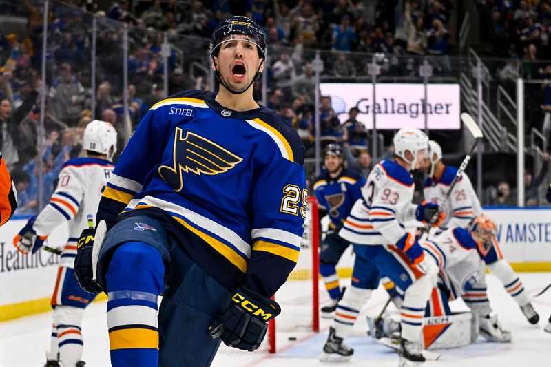 Feb 15, 2024; St. Louis, Missouri, USA;  St. Louis Blues center Jordan Kyrou (25) reacts after scoring against Edmonton Oilers goaltender Stuart Skinner (74) during the second period at Enterprise Center. Mandatory Credit: Jeff Curry-USA TODAY Sports