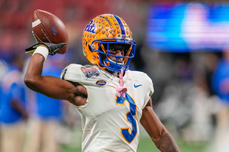 Dec 30, 2021; Atlanta, GA, USA; Pittsburgh Panthers wide receiver Jordan Addison (3) on the field prior to the game against the Michigan State Spartans during the 2021 Peach Bowl at Mercedes-Benz Stadium. Mandatory Credit: Dale Zanine-USA TODAY Sports