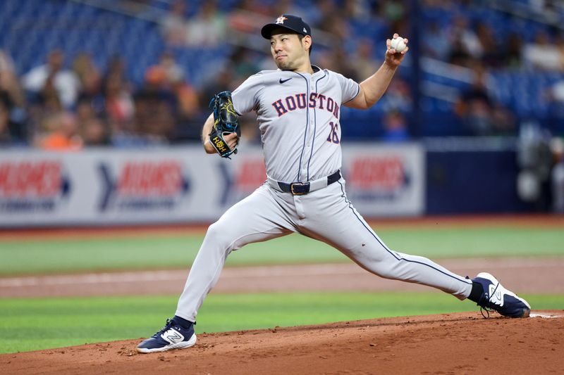 Aug 13, 2024; St. Petersburg, Florida, USA; Houston Astros pitcher Yusei Kikuchi (16) throws a pitch against the Houston Astros in the first inning at Tropicana Field. Mandatory Credit: Nathan Ray Seebeck-USA TODAY Sports