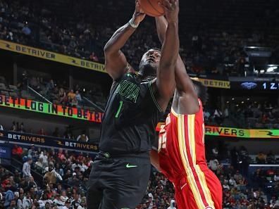 NEW ORLEANS, LA - NOVEMBER 4: Zion Williamson #1 of the New Orleans Pelicans shoots the ball during the game against the Atlanta Hawks on November 4, 2023 at the Smoothie King Center in New Orleans, Louisiana. NOTE TO USER: User expressly acknowledges and agrees that, by downloading and or using this Photograph, user is consenting to the terms and conditions of the Getty Images License Agreement. Mandatory Copyright Notice: Copyright 2023 NBAE (Photo by Layne Murdoch Jr./NBAE via Getty Images)