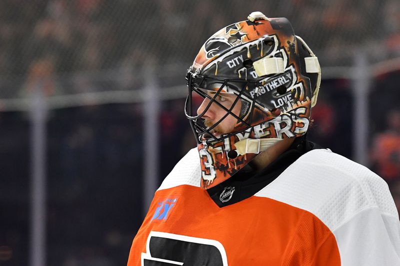 Jan 4, 2024; Philadelphia, Pennsylvania, USA; Philadelphia Flyers goaltender Samuel Ersson (33) against the Columbus Blue Jackets during the second period at Wells Fargo Center. Mandatory Credit: Eric Hartline-USA TODAY Sports