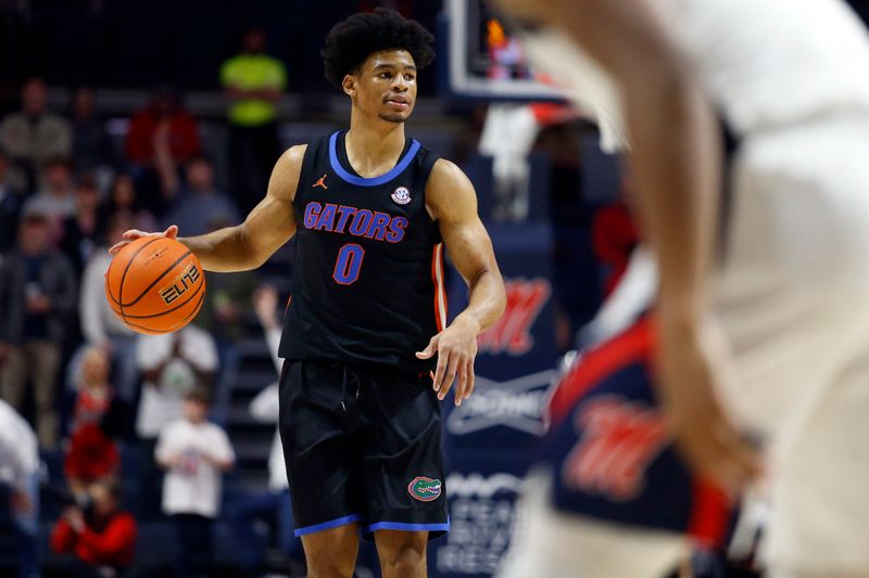 Jan 10, 2024; Oxford, Mississippi, USA; Florida Gators guard Zyon Pullin (0) dribbles during the first half against the Mississippi Rebels at The Sandy and John Black Pavilion at Ole Miss. Mandatory Credit: Petre Thomas-USA TODAY Sports