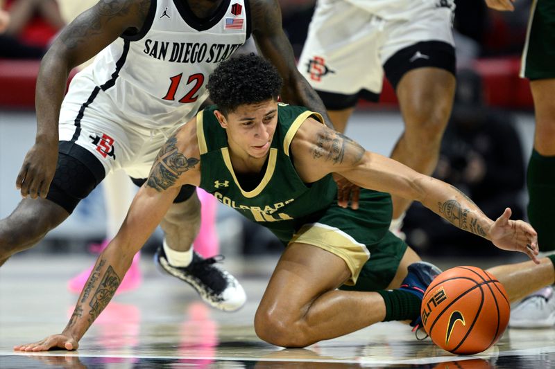 Feb 13, 2024; San Diego, California, USA; Colorado State Rams guard Nique Clifford (10) recovers a loose ball during the first half against the San Diego State Aztecs at Viejas Arena. Mandatory Credit: Orlando Ramirez-USA TODAY Sports