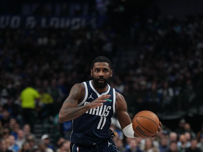 DALLAS, TX - JANUARY 27:  Kyrie Irving #11 of the Dallas Mavericks dribbles the ball during the game against the Washington Wizards on January 27, 2025 at American Airlines Center in Dallas, Texas. NOTE TO USER: User expressly acknowledges and agrees that, by downloading and or using this photograph, User is consenting to the terms and conditions of the Getty Images License Agreement. Mandatory Copyright Notice: Copyright 2025 NBAE (Photo by Glenn James/NBAE via Getty Images)