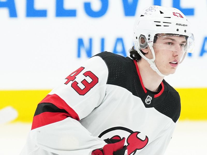 Mar 26, 2024; Toronto, Ontario, CAN; New Jersey Devils defenseman Luke Hughes (43) skates during the warmup before a game against the Toronto Maple Leafs at Scotiabank Arena. Mandatory Credit: Nick Turchiaro-USA TODAY Sports