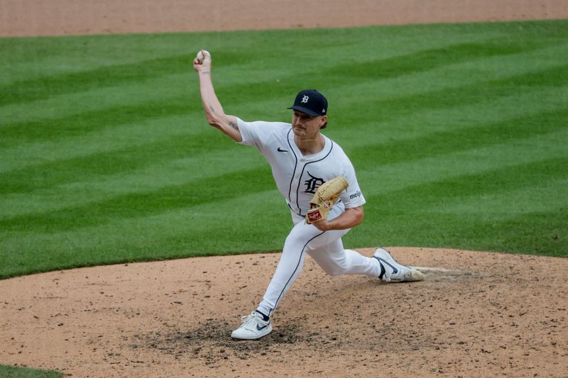 Jul 11, 2024; Detroit, Michigan, USA;  Detroit Tigers pitcher Shelby Miller (7) pitches in the eighth inning against the Cleveland Guardians at Comerica Park. Mandatory Credit: Rick Osentoski-USA TODAY Sports