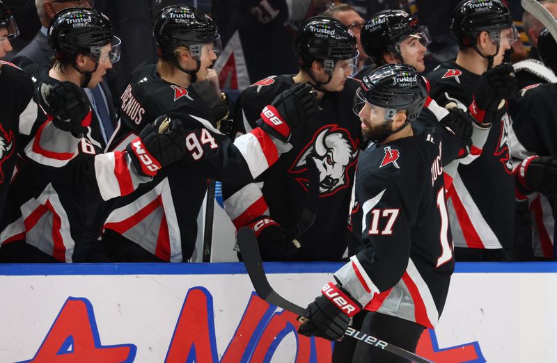 Feb 5, 2026; Buffalo, New York, USA;  Buffalo Sabres left wing Jason Zucker (17) celebrates his goal with teammates during the first period against the Pittsburgh Penguins at KeyBank Center. Mandatory Credit: Timothy T. Ludwig-Imagn Images