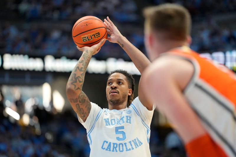 Jan 13, 2024; Chapel Hill, North Carolina, USA;  North Carolina Tar Heels forward Armando Bacot (5) shoots a free throw in the second half at Dean E. Smith Center. Mandatory Credit: Bob Donnan-USA TODAY Sports