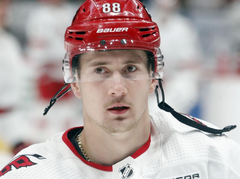 Mar 26, 2024; Pittsburgh, Pennsylvania, USA; Carolina Hurricanes left wing Teuvo Teravainen (86) warms up against the Pittsburgh Penguins at PPG Paints Arena. Mandatory Credit: Charles LeClaire-USA TODAY Sports