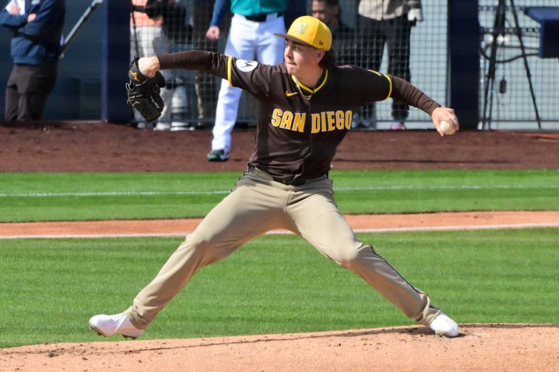 Feb 20, 2026; Peoria, Arizona, USA; San Diego Padres pitcher Jagger Haynes (79) throws in the second inning against the Seattle Mariners  during a Spring Training game at Peoria Sports Complex. Mandatory Credit: Matt Kartozian-Imagn Images