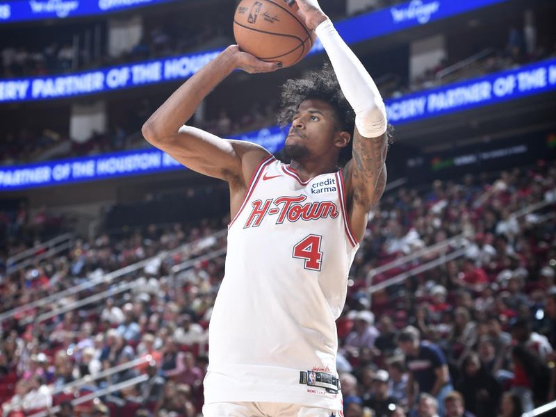 HOUSTON, TX - APRIL 5: Jalen Green #4 of the Houston Rockets shoots the ball during the game against the Miami Heat on April 5, 2024 at the Toyota Center in Houston, Texas. NOTE TO USER: User expressly acknowledges and agrees that, by downloading and or using this photograph, User is consenting to the terms and conditions of the Getty Images License Agreement. Mandatory Copyright Notice: Copyright 2024 NBAE (Photo by Logan Riely/NBAE via Getty Images)