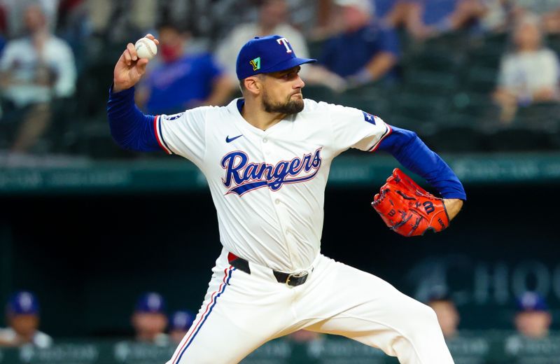 Aug 17, 2024; Arlington, Texas, USA;  Texas Rangers starting pitcher Nathan Eovaldi (17) throws  against the Minnesota Twins during the first inning  at Globe Life Field. Mandatory Credit: Kevin Jairaj-USA TODAY Sports