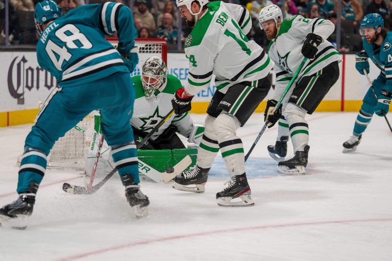 Jan 18, 2023; San Jose, California, USA; Dallas Stars goaltender Jake Oettinger (29) makes a save against San Jose Sharks center Tomas Hertl (48) during the second period at SAP Center at San Jose. Mandatory Credit: Neville E. Guard-USA TODAY Sports