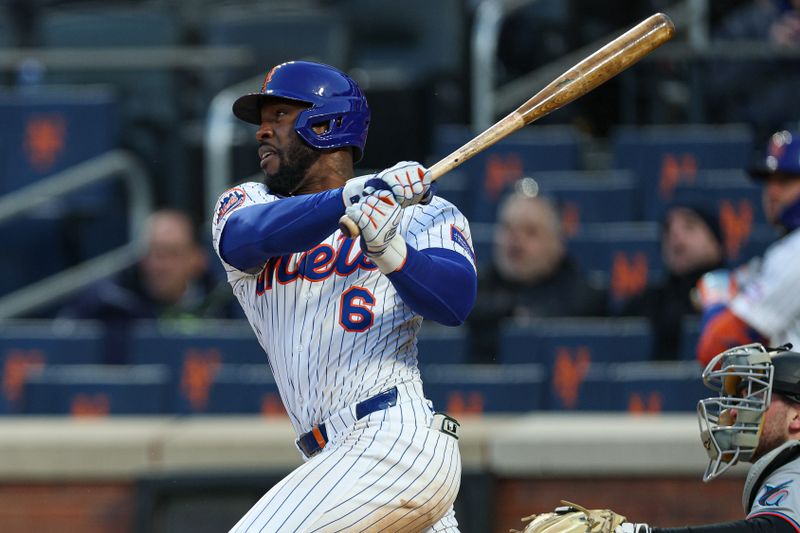 Apr 8, 2025; New York City, New York, USA; New York Mets outfielder Starling Marte (6) single during the eighth inning  against the Miami Marlins at Citi Field. Mandatory Credit: Vincent Carchietta-Imagn Images