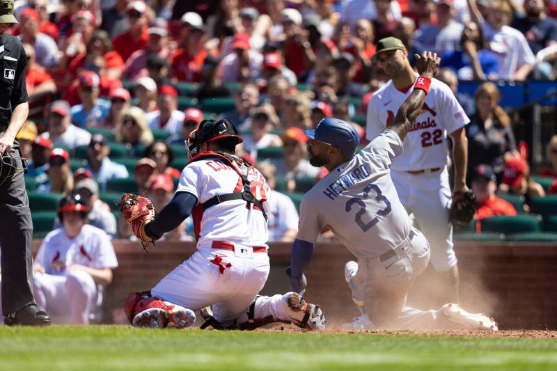 May 21, 2023; St. Louis, Missouri, USA;  Los Angeles Dodgers Jason Heyward (23) scores a run against the St. Louis Cardinals in the fifth inning at Busch Stadium. Mandatory Credit: Zach Dalin-USA TODAY Sports