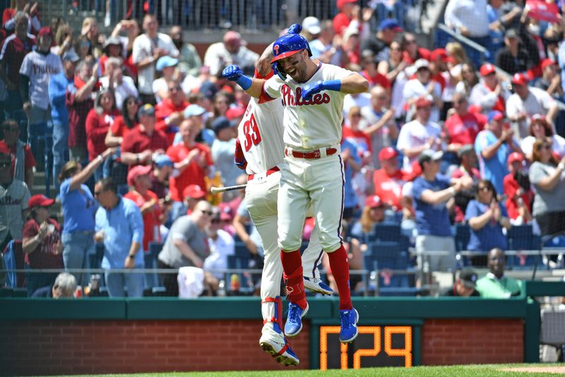 Apr 23, 2023; Philadelphia, Pennsylvania, USA; Philadelphia Phillies first baseman Kody Clemens (23) celebrates his home run with third baseman Edmundo Sosa (33) against the Colorado Rockies during the third inning at Citizens Bank Park. Mandatory Credit: Eric Hartline-USA TODAY Sports