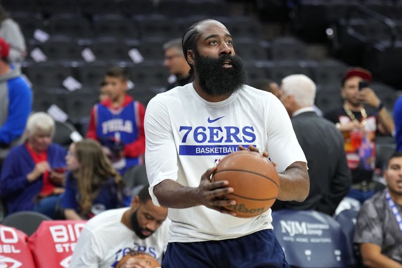 PHILADELPHIA, PA - NOVEMBER 2: James Harden #1 of the Philadelphia 76ers warms up before the game against the Washington Wizards on November 2, 2022 at the Wells Fargo Center in Philadelphia, Pennsylvania NOTE TO USER: User expressly acknowledges and agrees that, by downloading and/or using this Photograph, user is consenting to the terms and conditions of the Getty Images License Agreement. Mandatory Copyright Notice: Copyright 2022 NBAE (Photo by Jesse D. Garrabrant/NBAE via Getty Images)