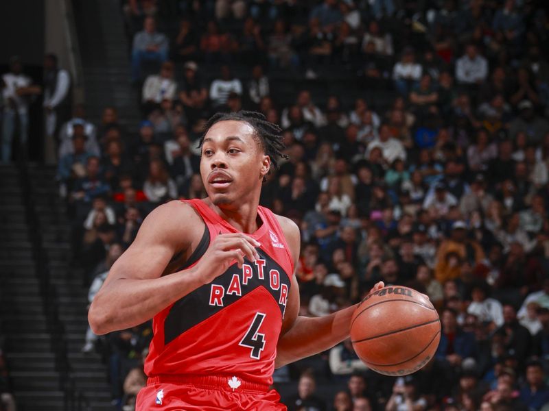 BROOKLYN, NY - OCTOBER 18: Scottie Barnes #4 of the Toronto Raptors dribbles the ball during the game on October 18, 2024 at Barclays Center in Brooklyn, New York. NOTE TO USER: User expressly acknowledges and agrees that, by downloading and or using this Photograph, user is consenting to the terms and conditions of the Getty Images License Agreement. Mandatory Copyright Notice: Copyright 2024 NBAE (Photo by Nathaniel S. Butler/NBAE via Getty Images)